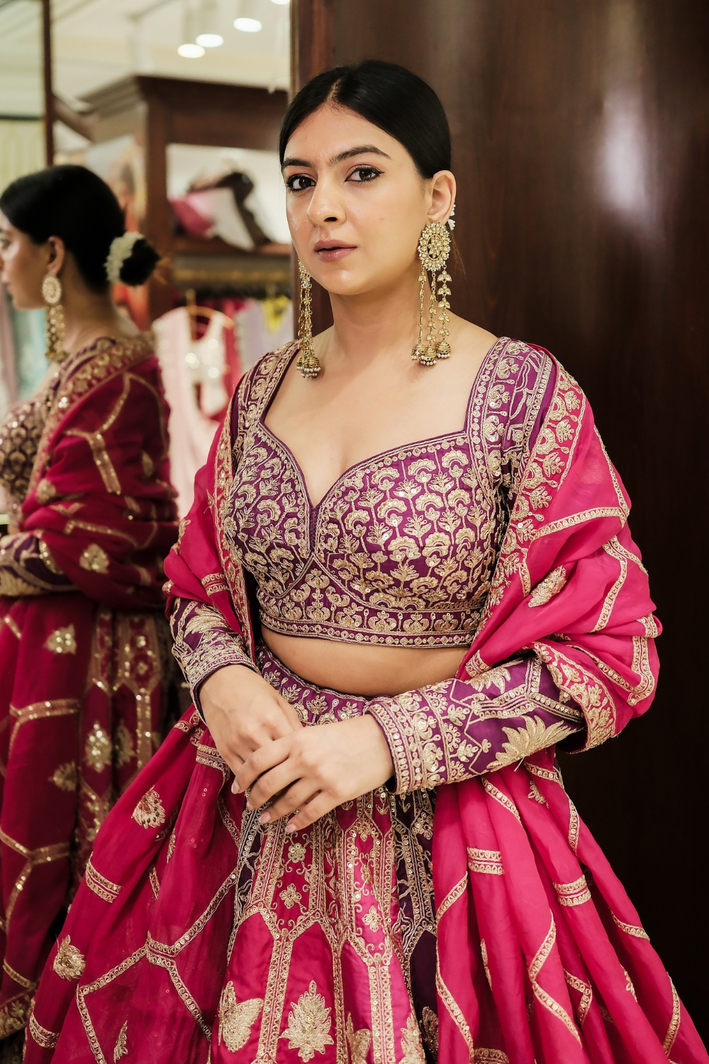 Pink & purple banarasi silk lehenga choli with thread and sequins work