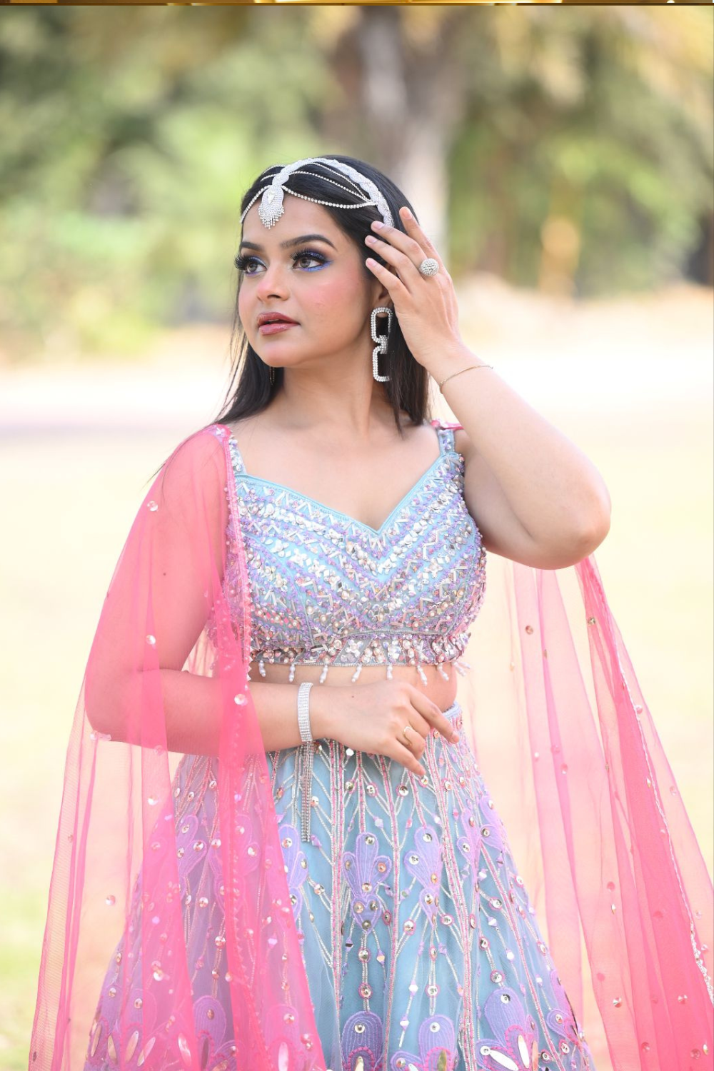 Powder blue net lehenga choli with hand cut dana and mirror work