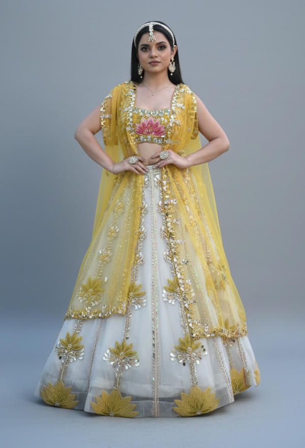 White & yellow lehenga choli with sequins and pearl work