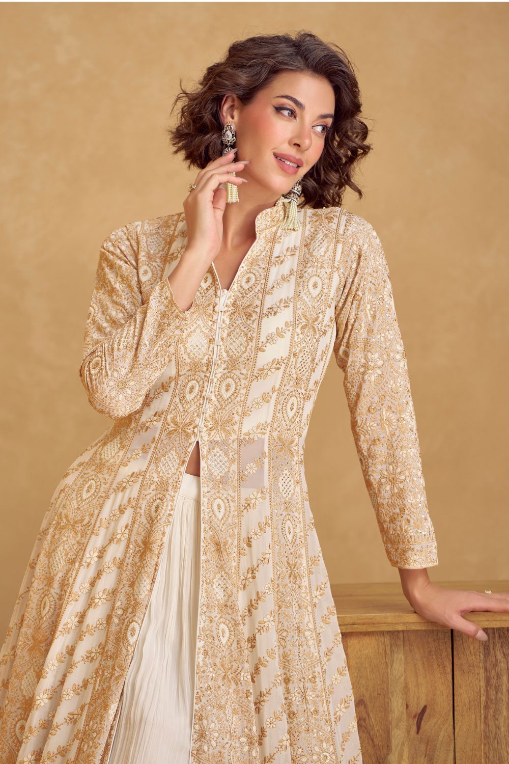 WHITE GEORGETTE INDO-WESTERN WITH EMBROIDERY