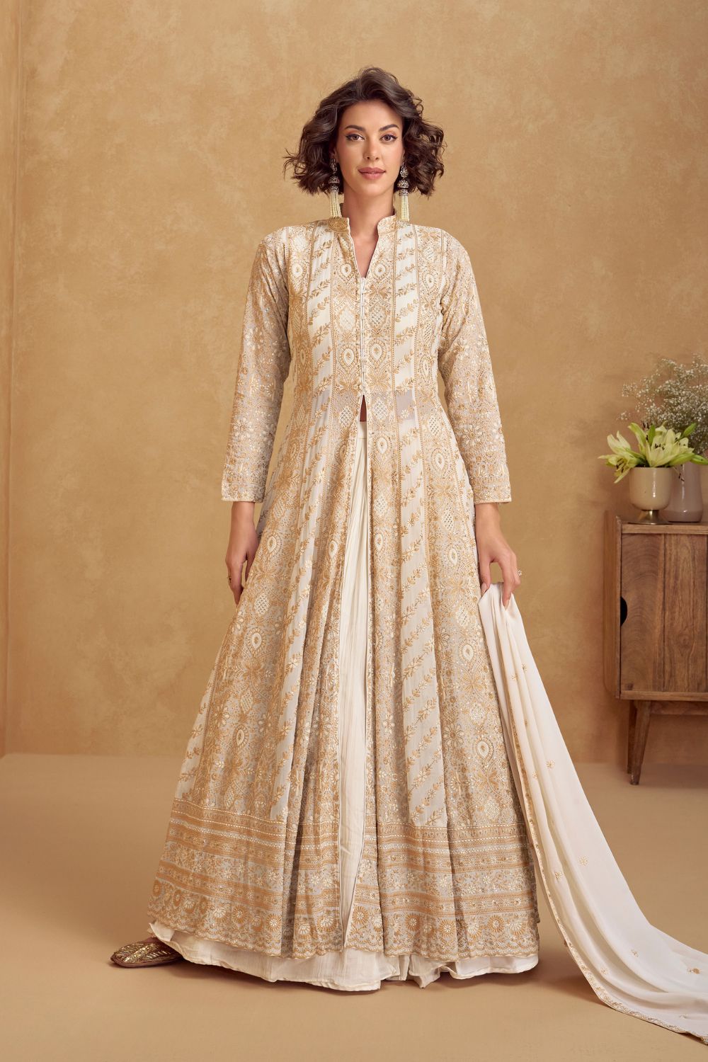 WHITE GEORGETTE INDO-WESTERN WITH EMBROIDERY