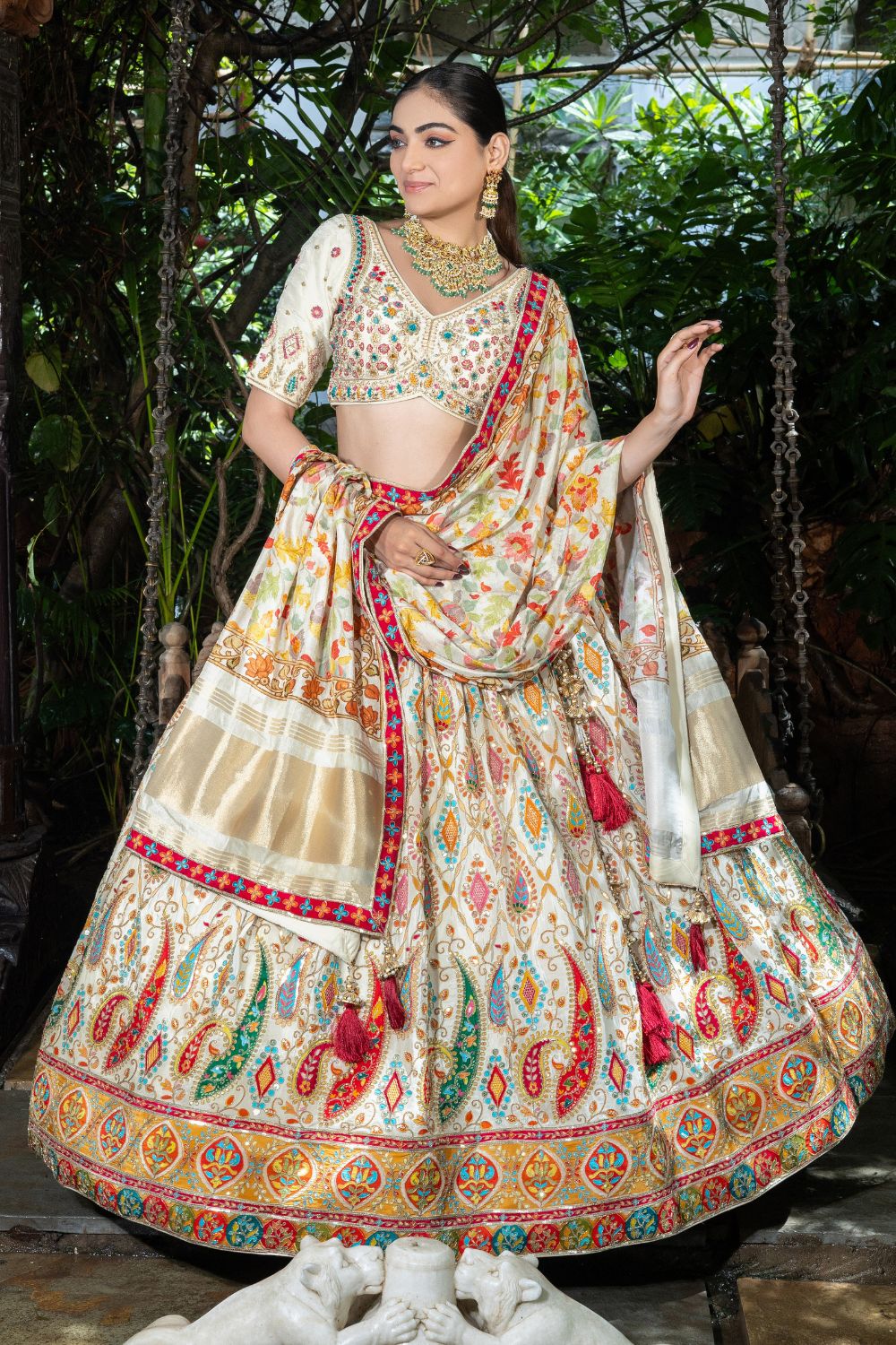 WHITE SILK LEHENGA CHOLI WITH THREAD AND MIRROR WORK