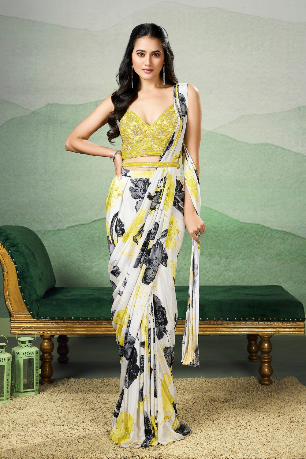 White Crepe Silk Floral Printed Readymade Saree