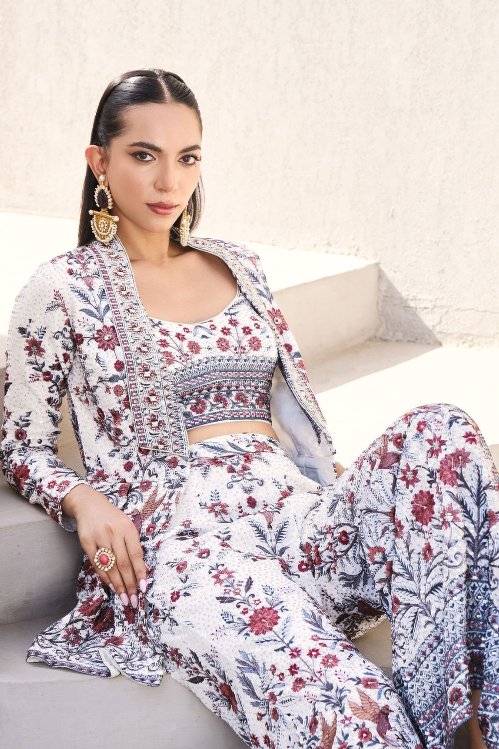 White Georgette Indo-Western with Jacket and Hand Work