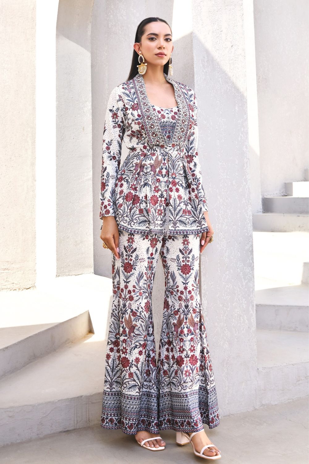 White Georgette Indo-Western with Jacket and Hand Work