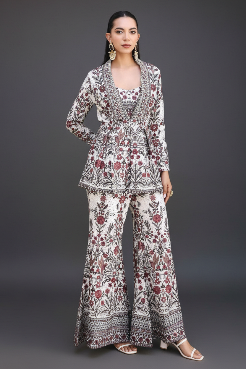 White Georgette Indo-Western with Jacket and Hand Work