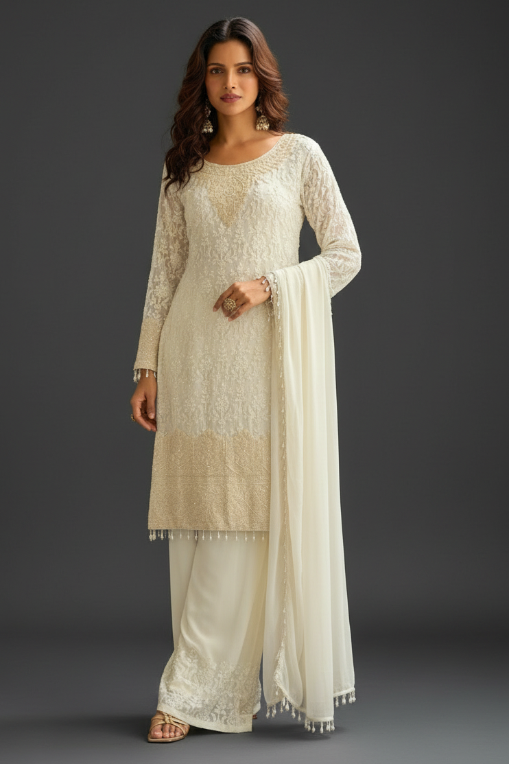 White Georgette Palazzo Set with Embroidery and Sequins Work