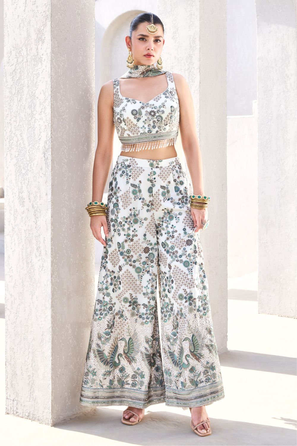 White Georgette  Palazzo Set with Mirror Work