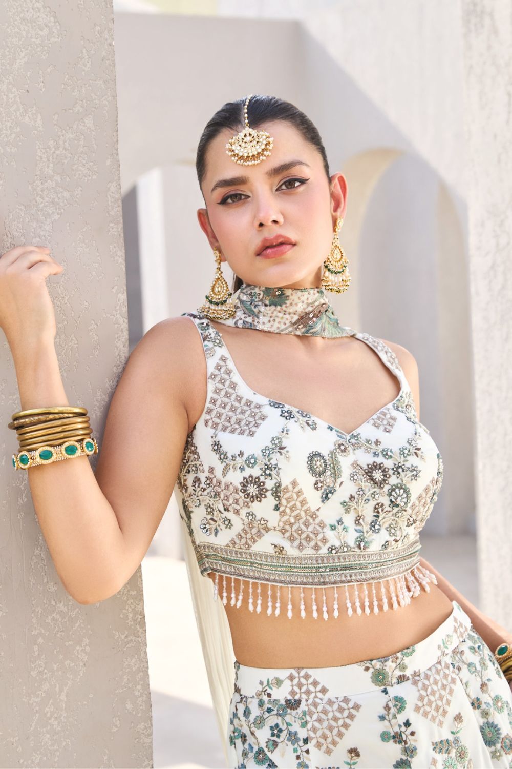 White Georgette  Palazzo Set with Mirror Work