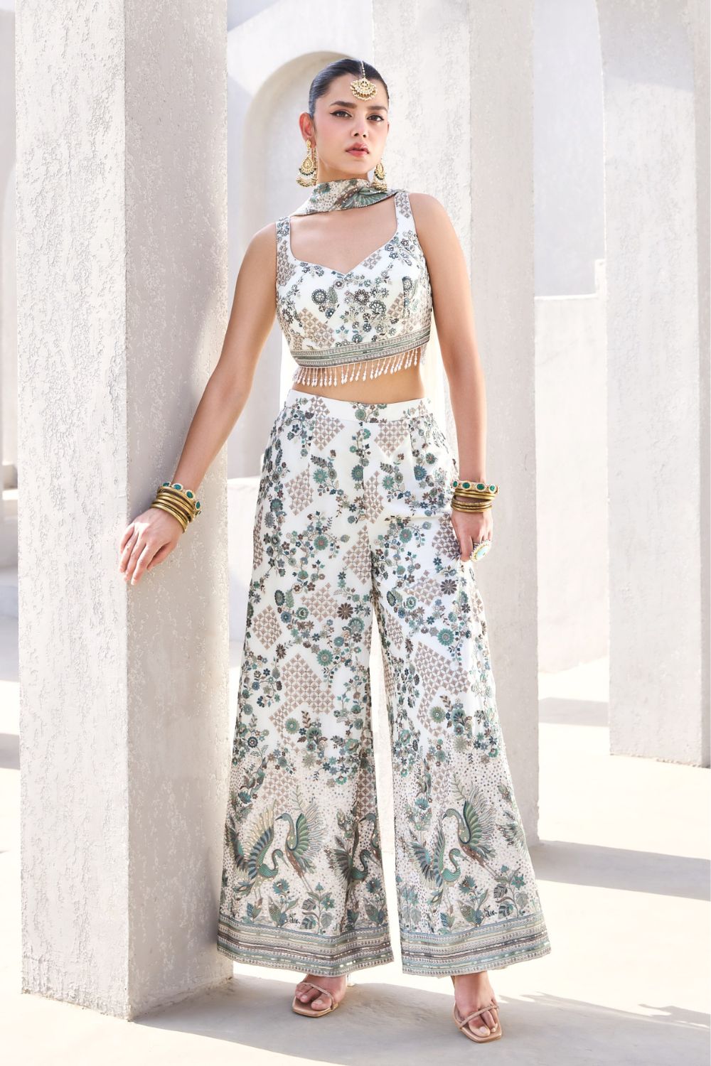 White Georgette Palazzo Set with Mirror Work