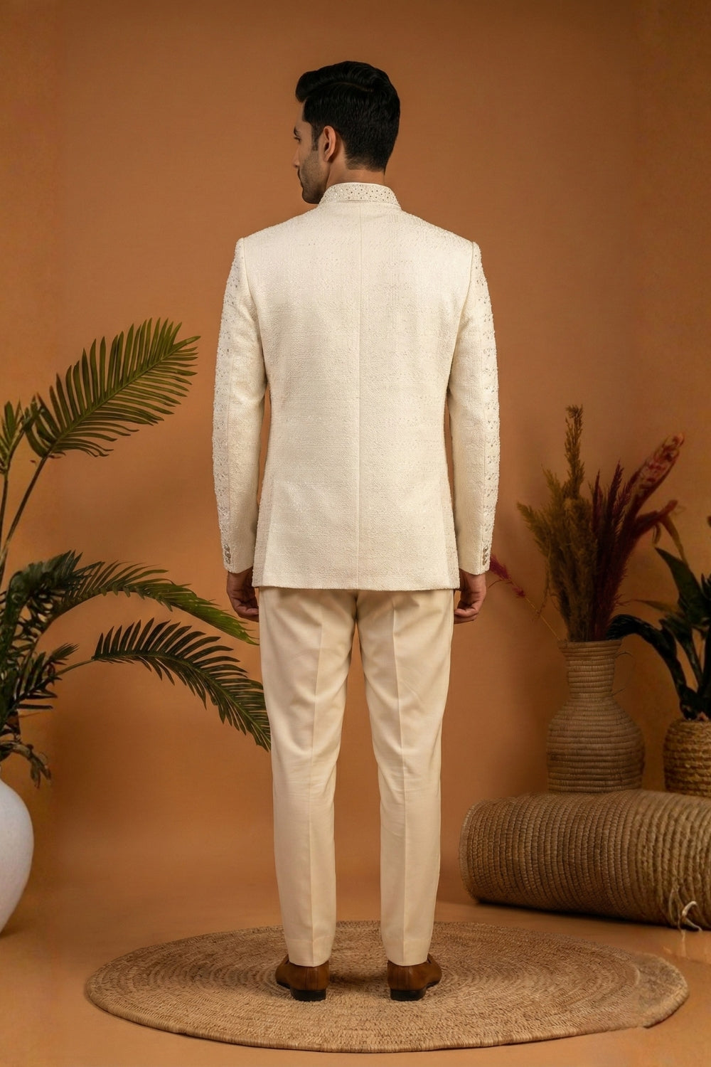 White Imported Jodhpuri Set with Moti and Sequins Work