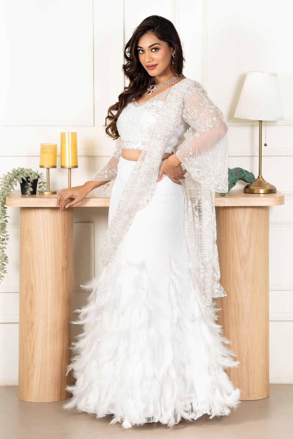 White Net Indo Western with Sequins and Pearl Work