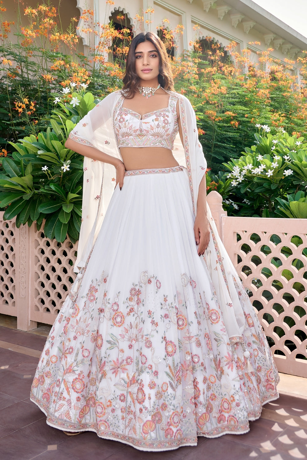 White Organza Lehenga Set with Moti and Sequins Work