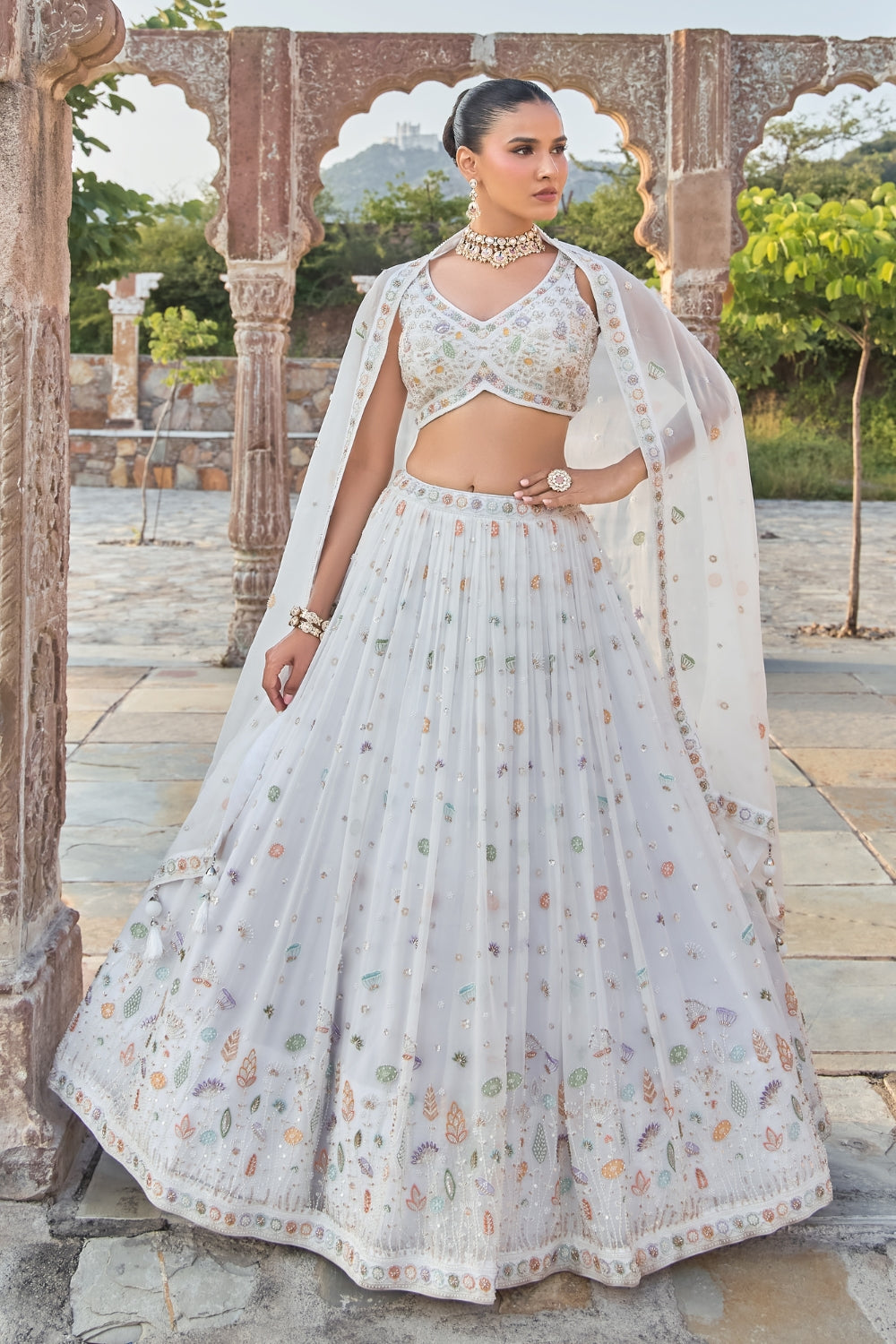 White Organza Lehenga Set with Zardosi and Moti Work