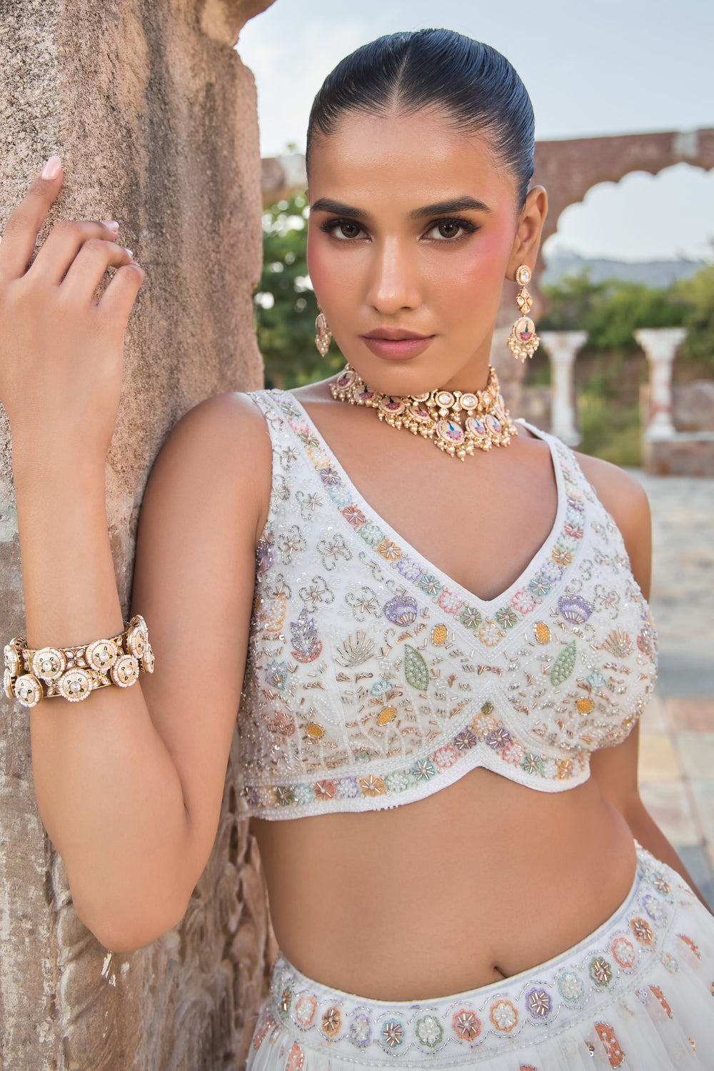 White Organza Lehenga Set with Zardosi and Moti Work