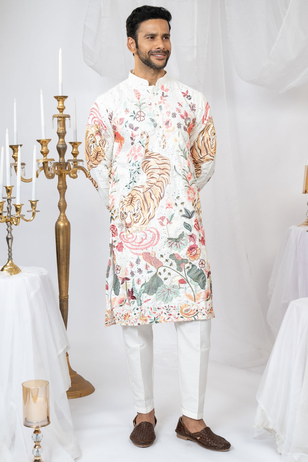 White Semi Silk Kurta Set with Sequins and Resham Embroidery