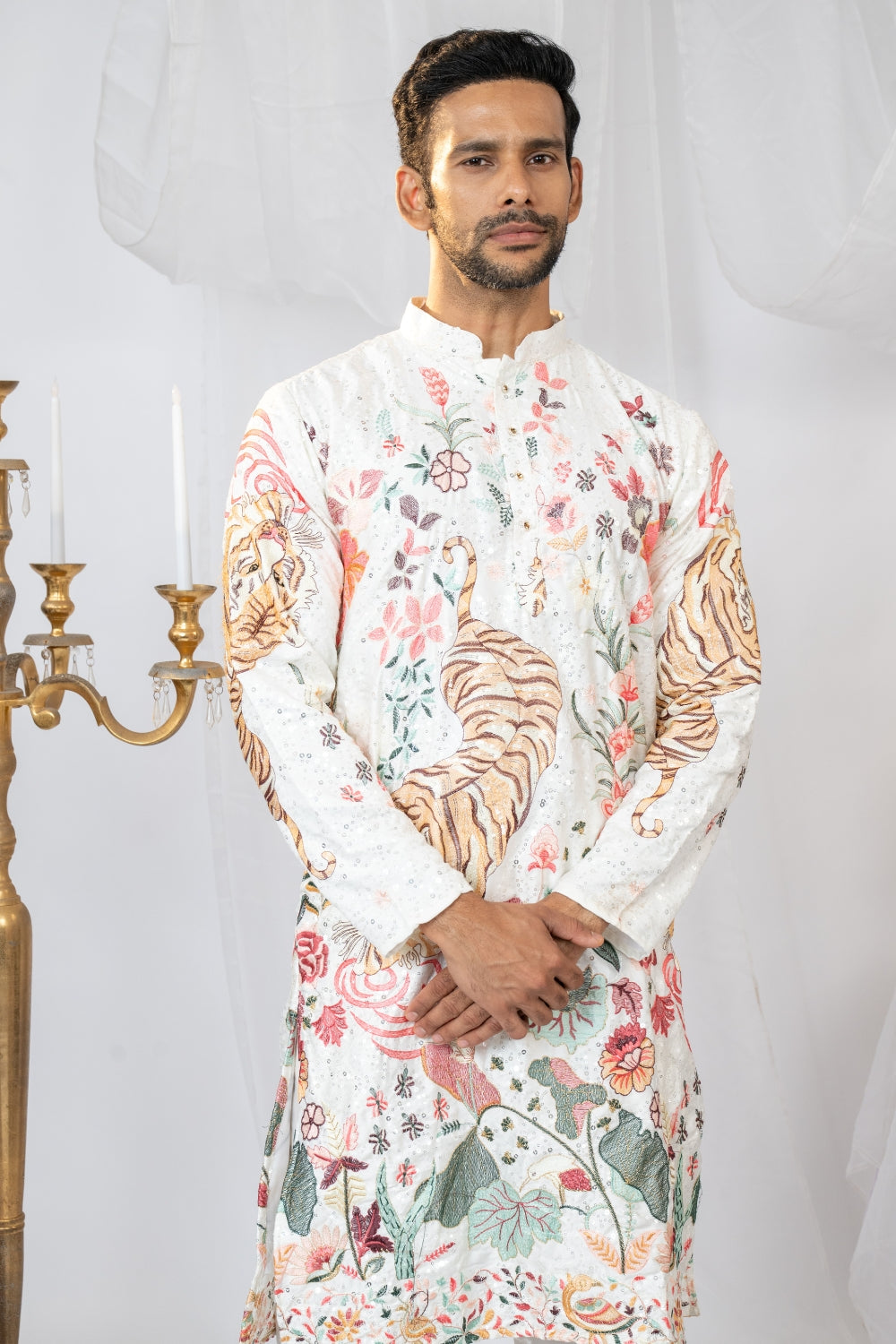 White Semi Silk Kurta Set with Sequins and Resham Embroidery