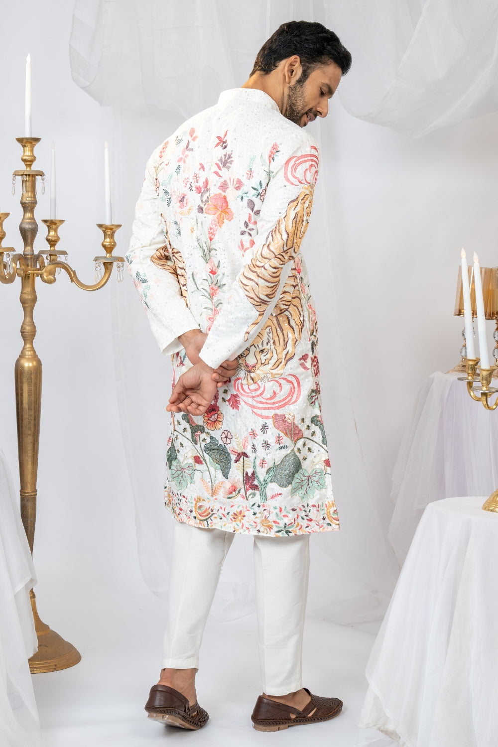 White Semi Silk Kurta Set with Sequins and Resham Embroidery