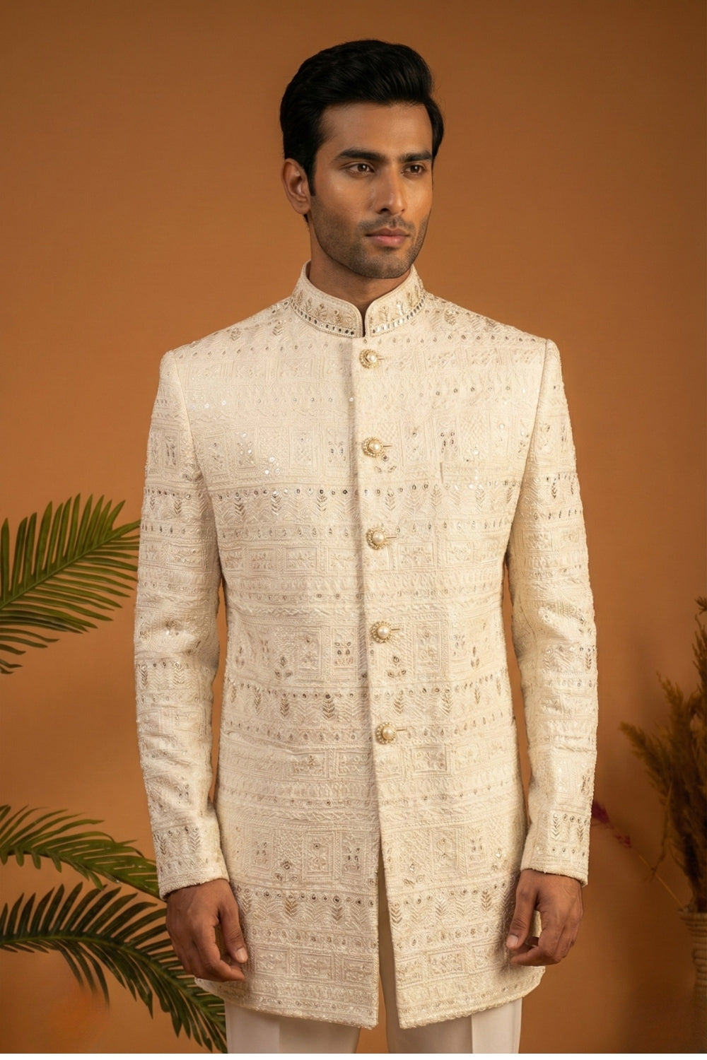 White Silk Jodhpuri Set with Mirror and Sequins Work