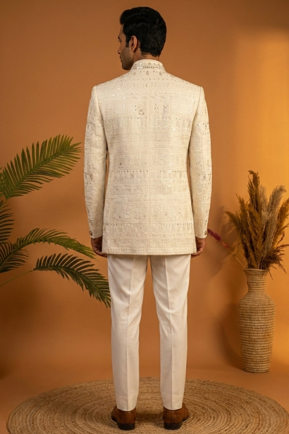White Silk Jodhpuri Set with Mirror and Sequins Work