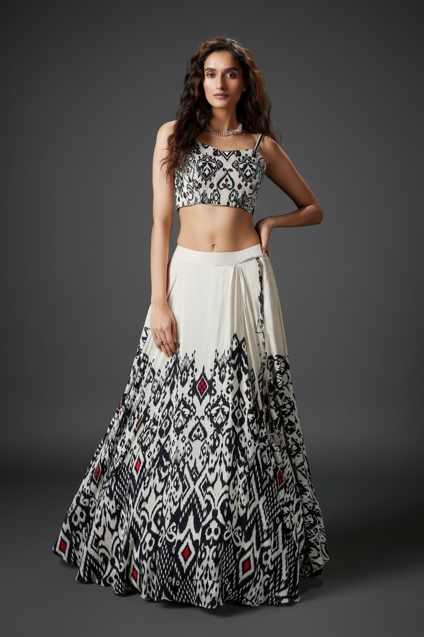 White Silk Lehenga with Printed Design and Sequined Blouse