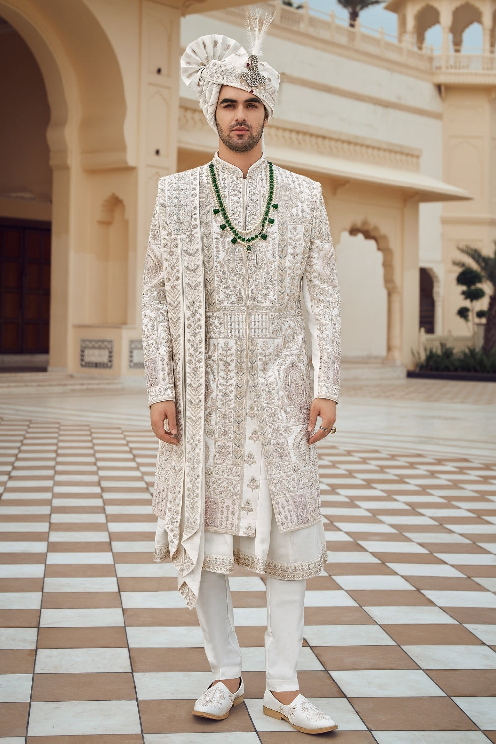 White Silk Sherwani with Cutdana and Resham Embroidery
