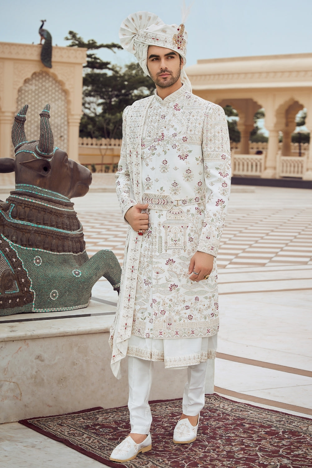 White Silk Sherwani with Cutdana and Resham Embroidery