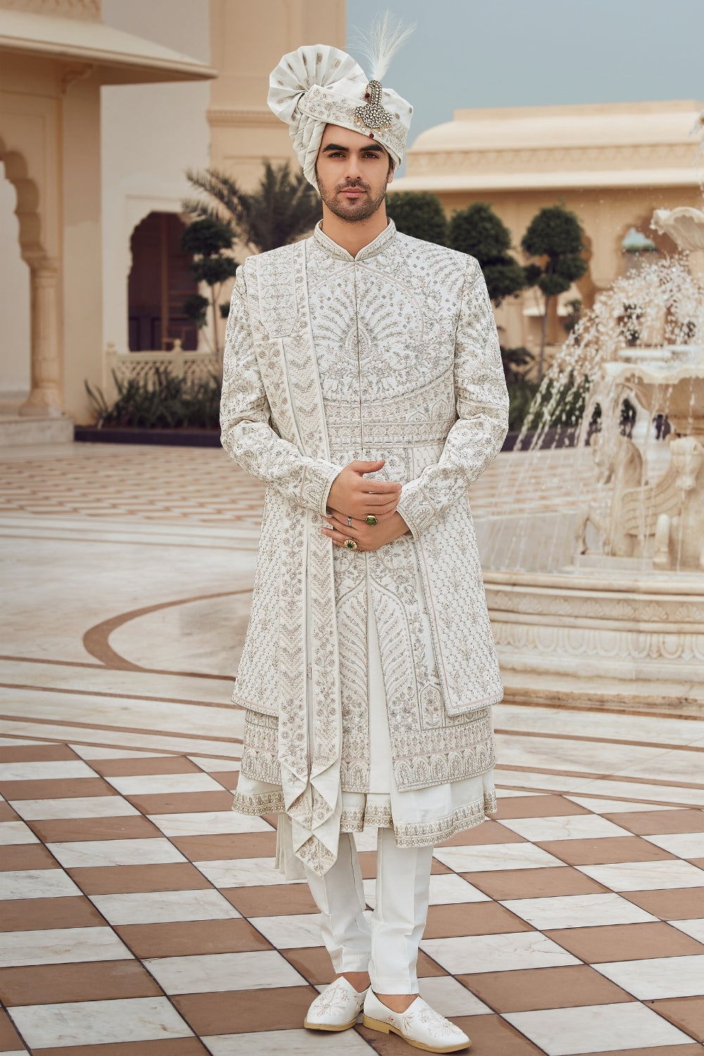 White Silk Sherwani with Cutdana and Resham Emrboidery