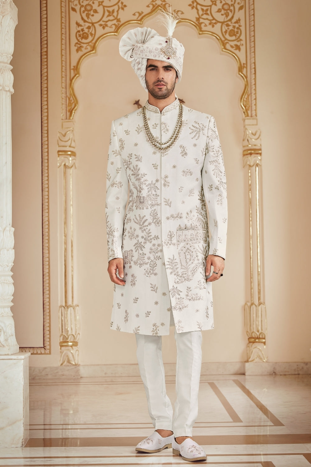 White Silk Sherwani with Sequins and Embroidery