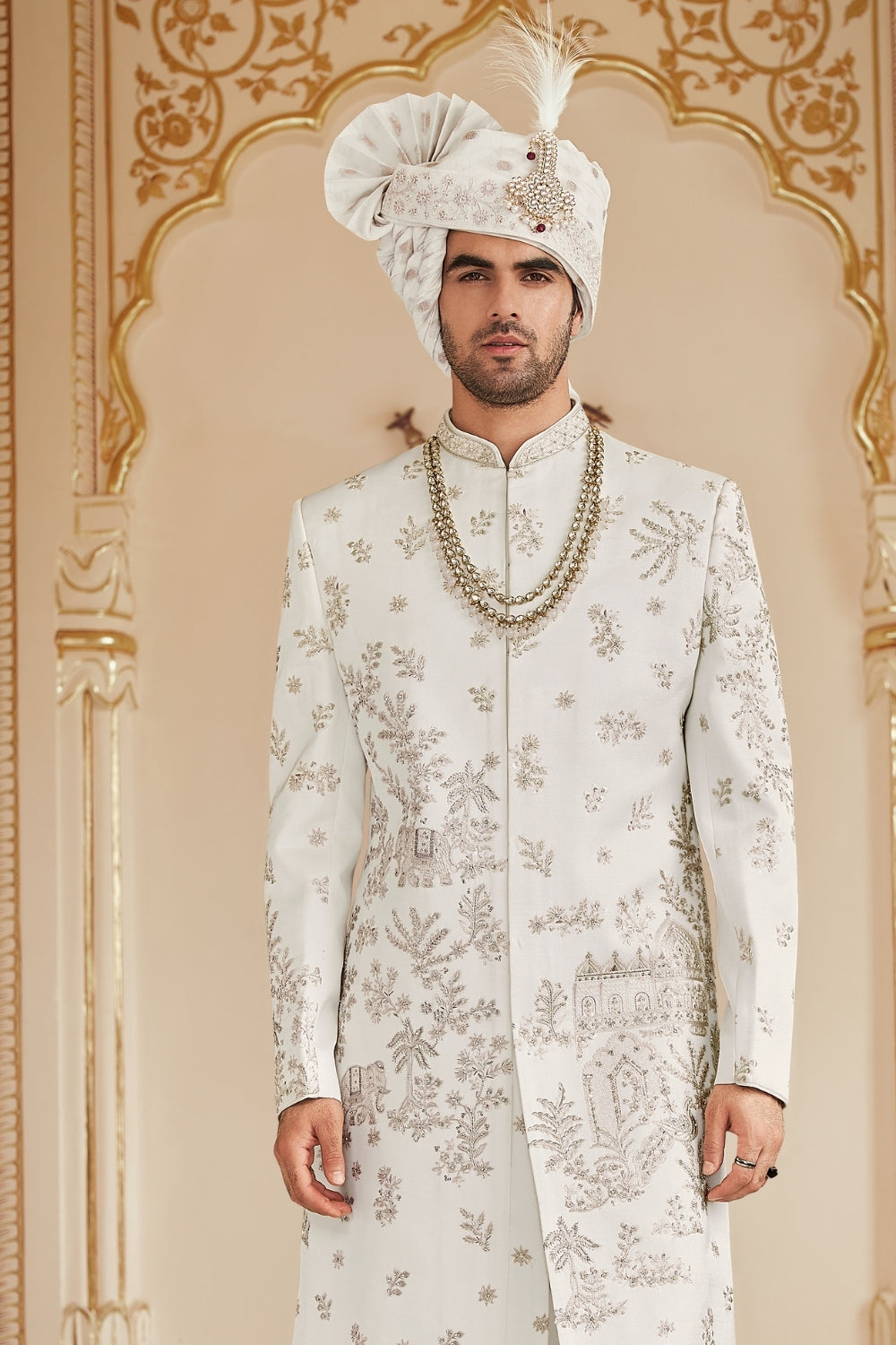 White Silk Sherwani with Sequins and Embroidery