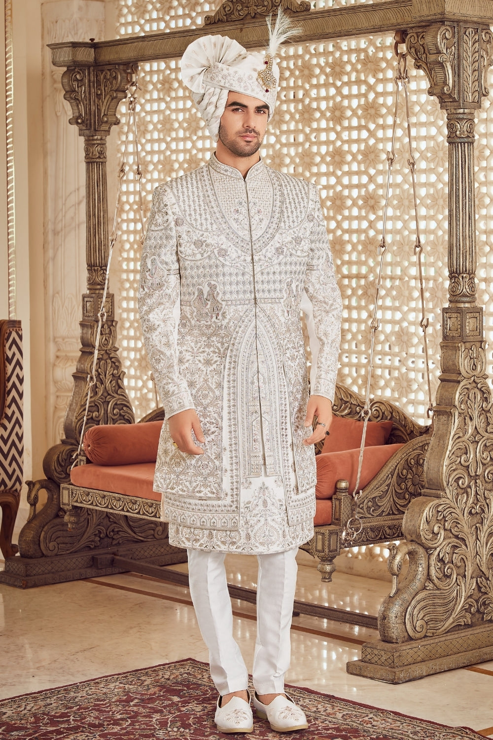 White Silk Sherwani with Stone and Cutdana Work