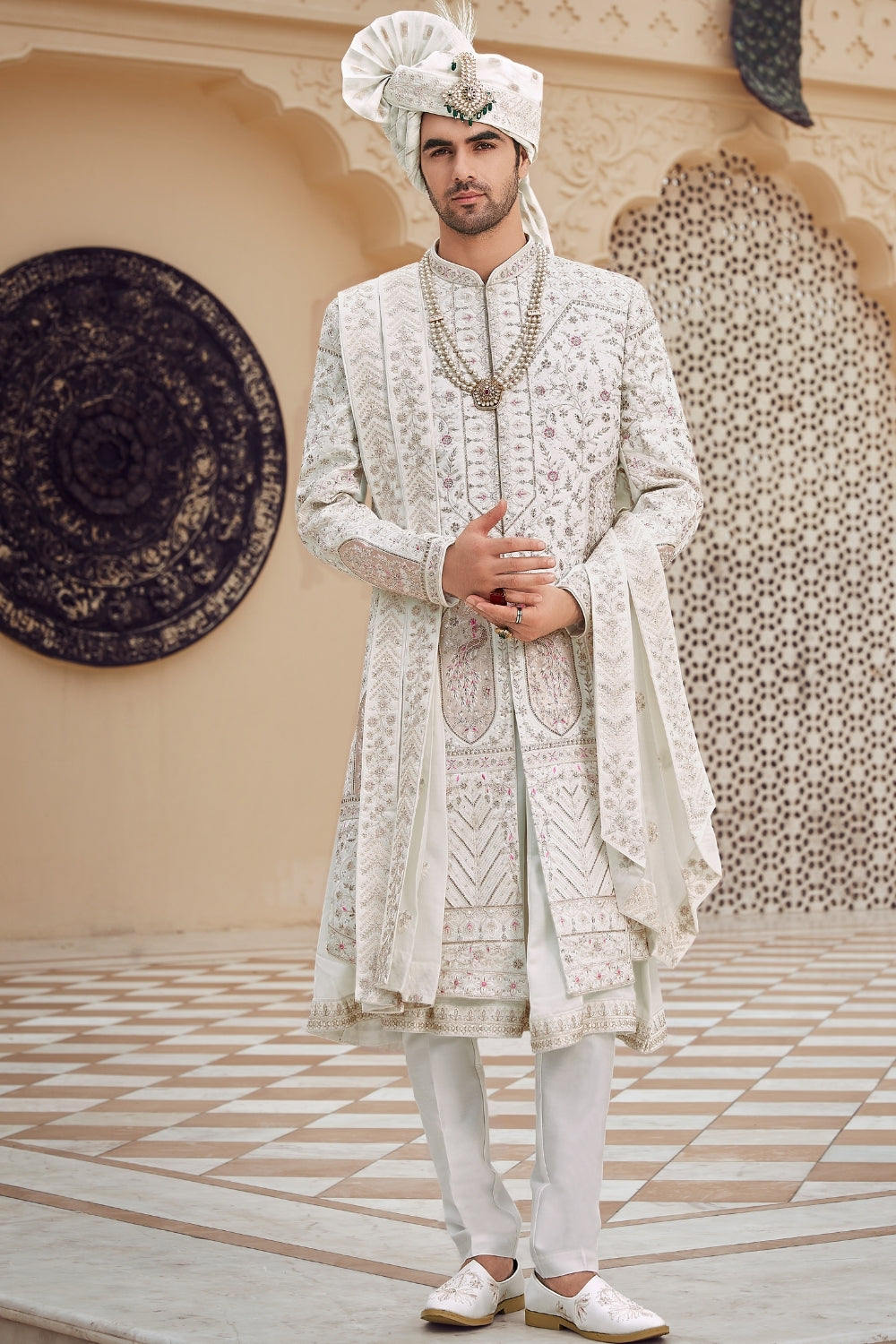 White Silk Sherwani with Stone and Resham Embroidery