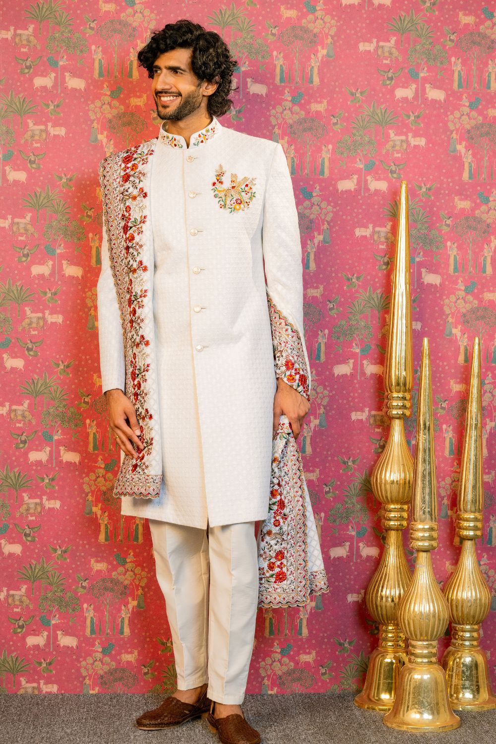 White Silk Sherwani with Zardosi and Resham Embroidery
