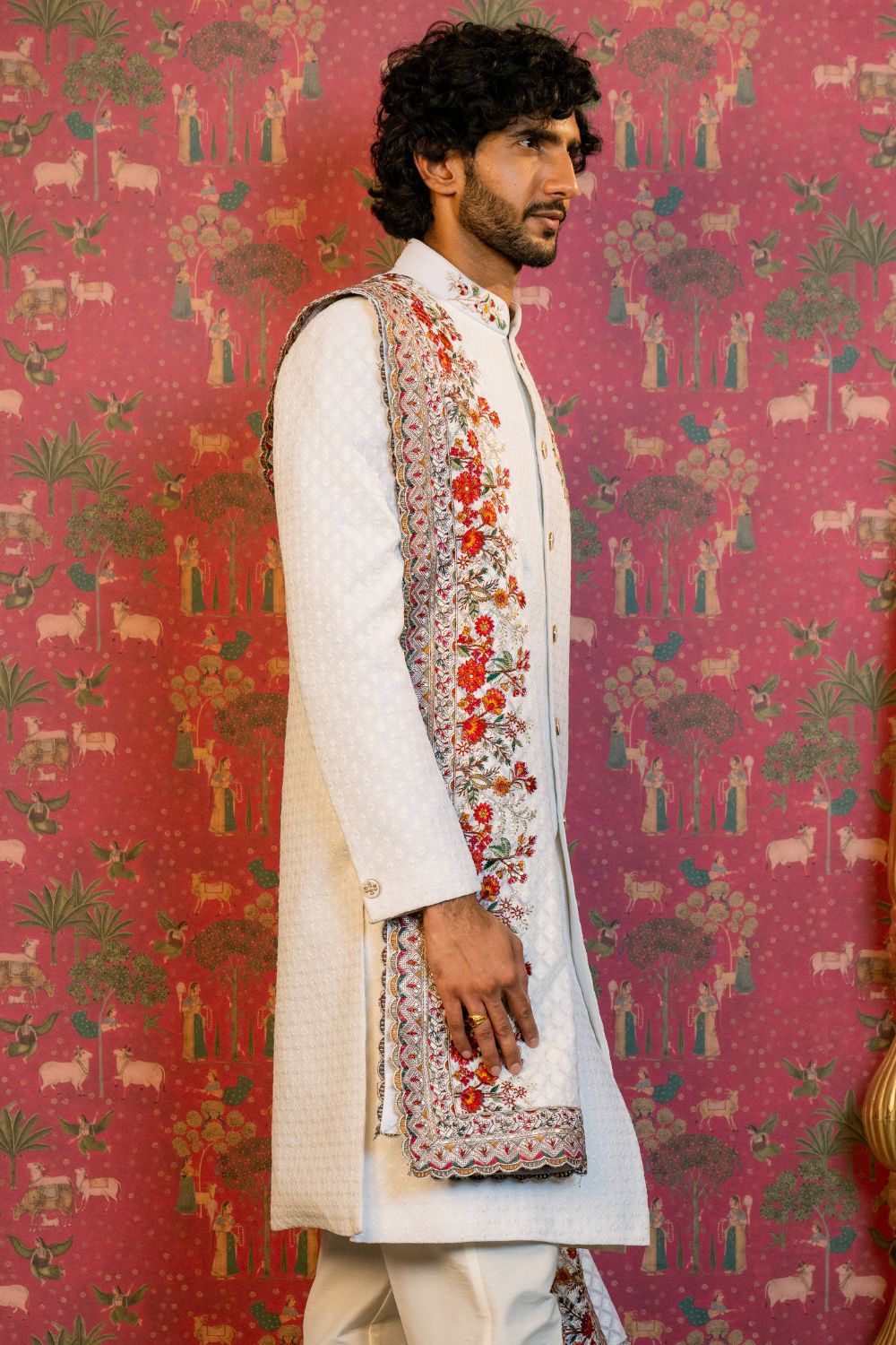 White Silk Sherwani with Zardosi and Resham Embroidery