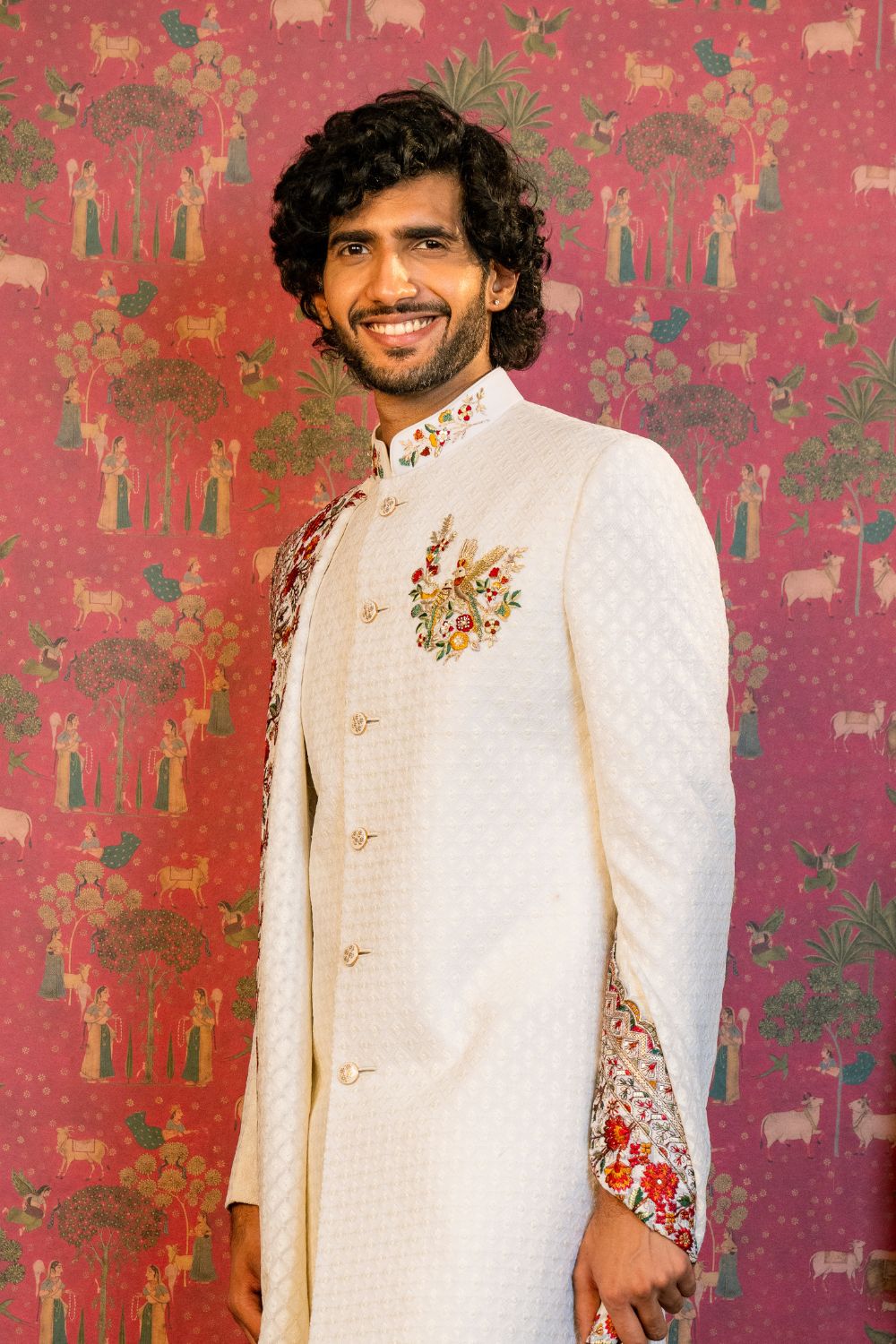 White Silk Sherwani with Zardosi and Resham Embroidery