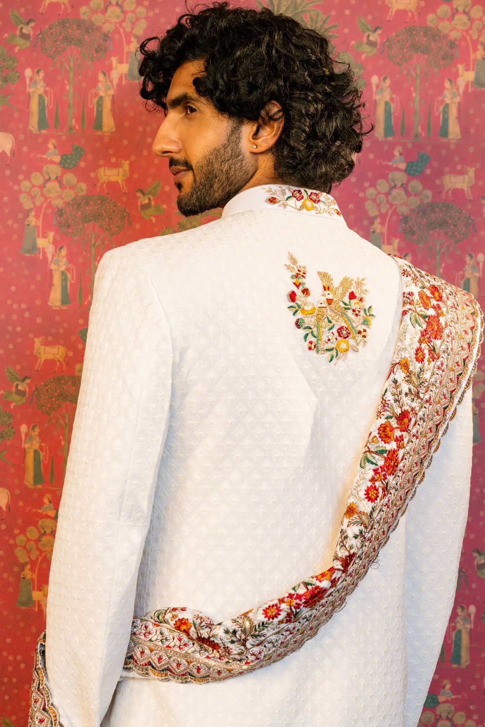 White Silk Sherwani with Zardosi and Resham Embroidery