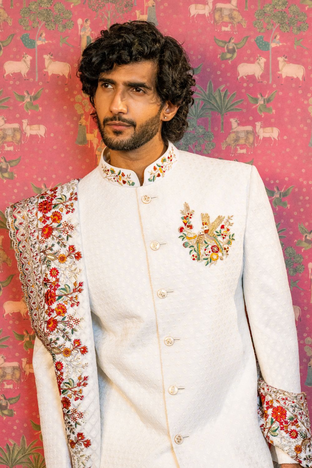 White Silk Sherwani with Zardosi and Resham Embroidery