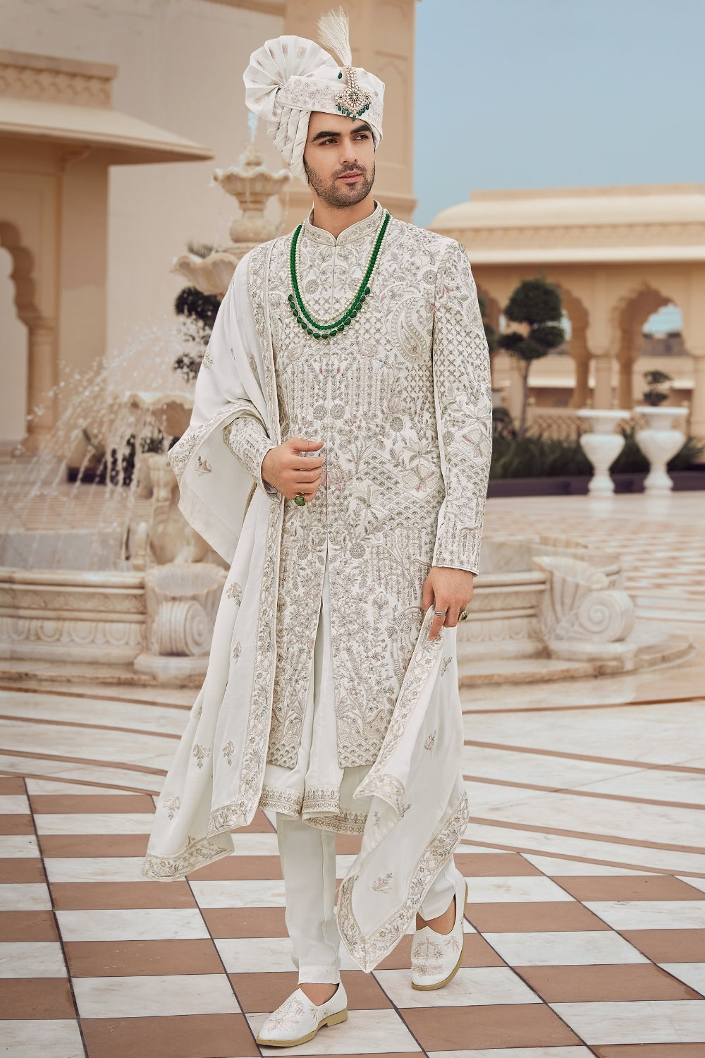 White Silk Sherwani with Zardosi and Stone Work