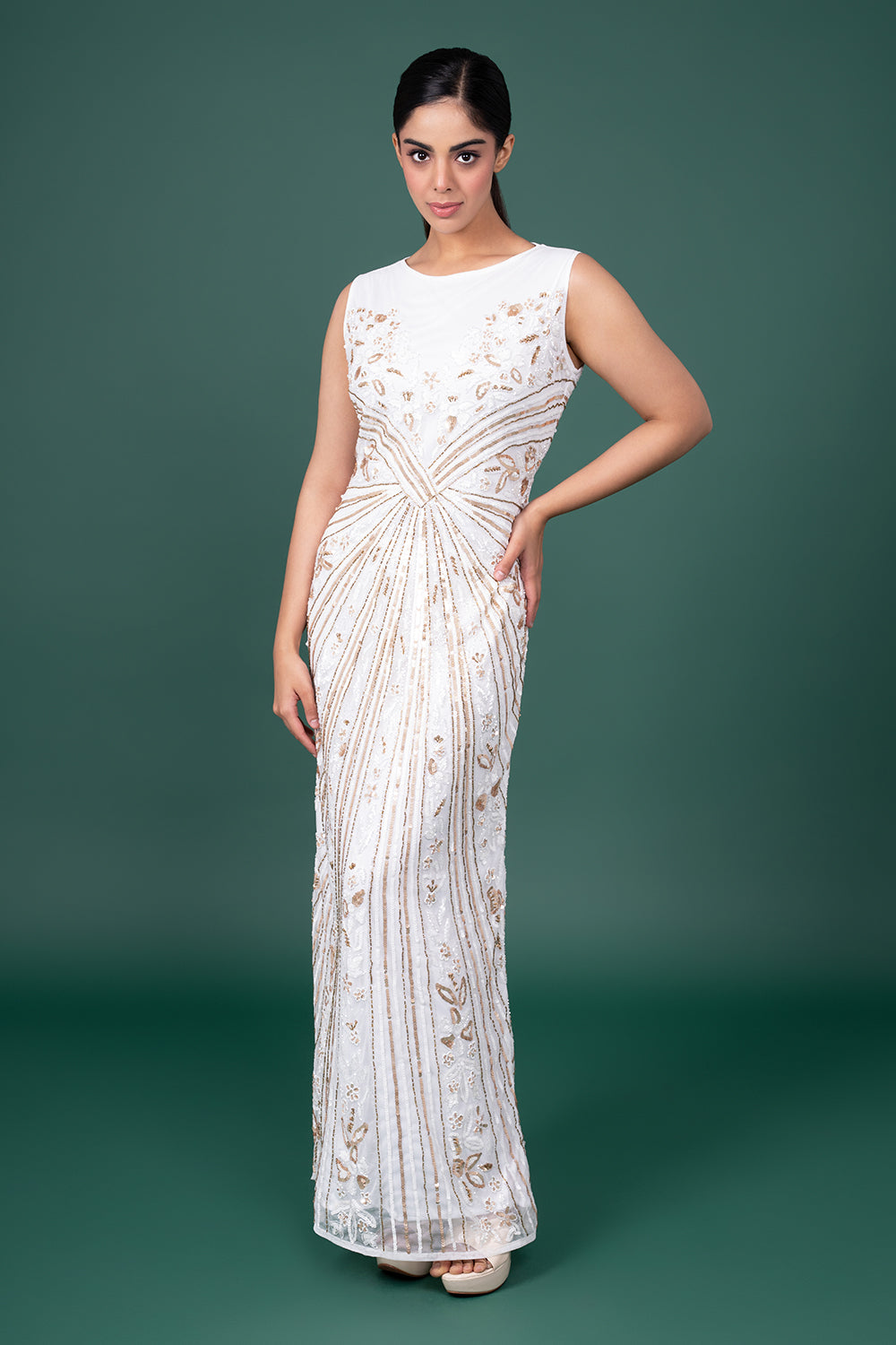 White Sleeveless Tulle Gown With Sunburst Gold Sequin And Floral Embroidery.