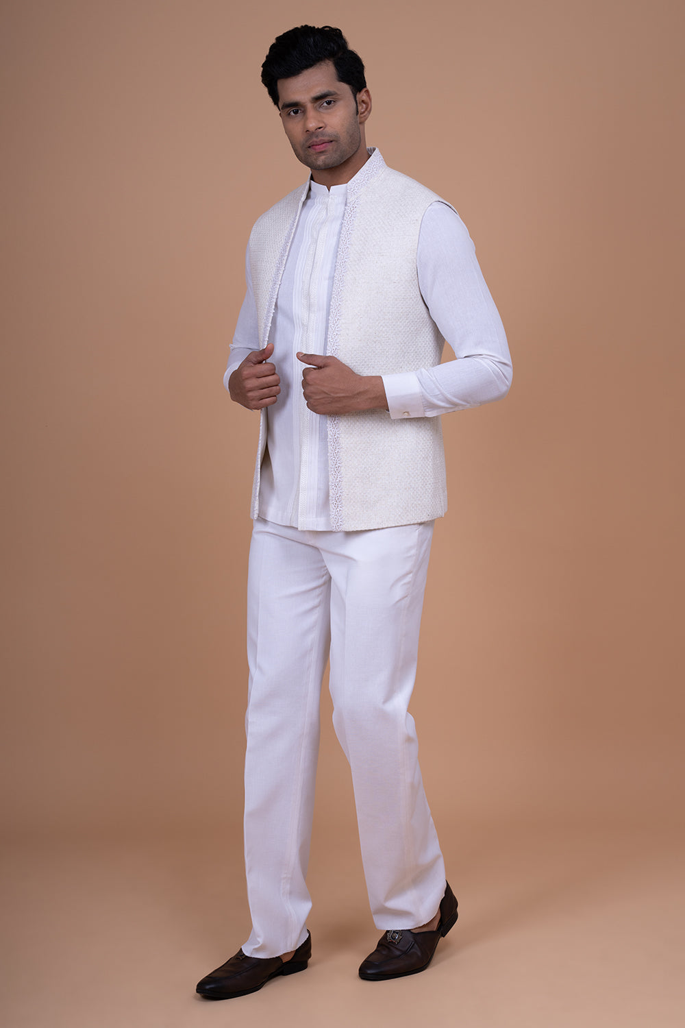 White Textured Waistcoat with Lace Border and Pintuck Kurta