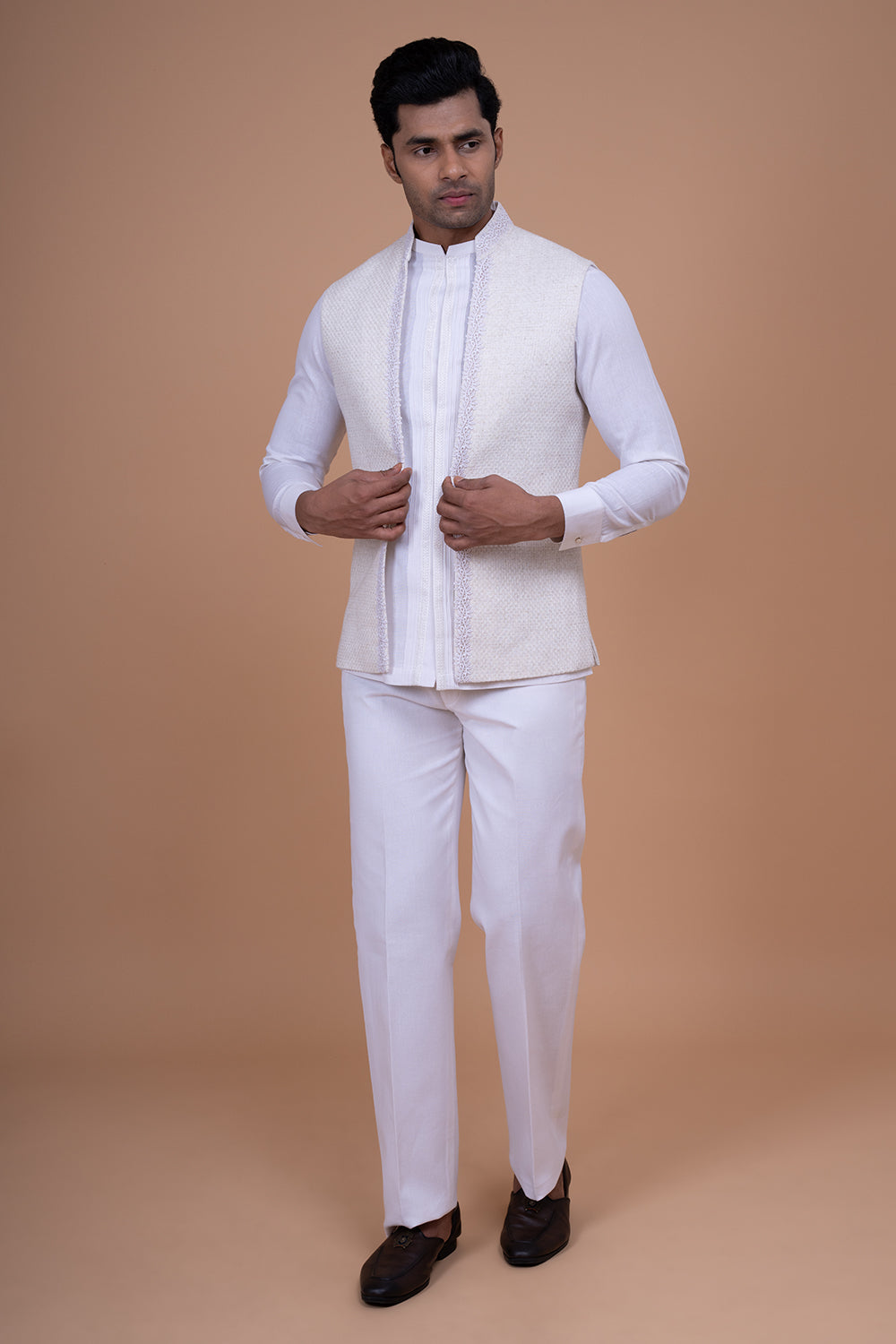 White Textured Waistcoat with Lace Border and Pintuck Kurta