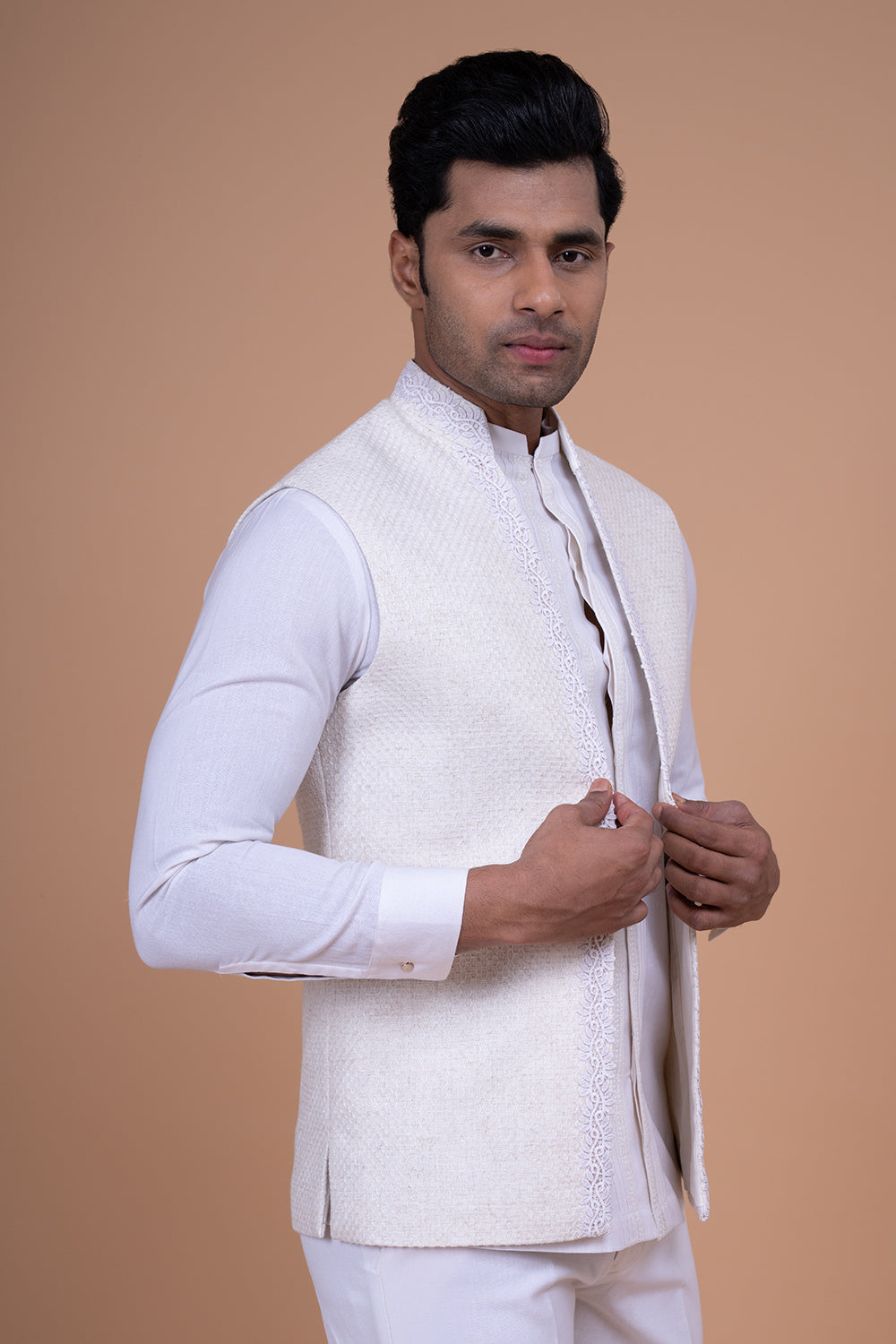 White Textured Waistcoat with Lace Border and Pintuck Kurta