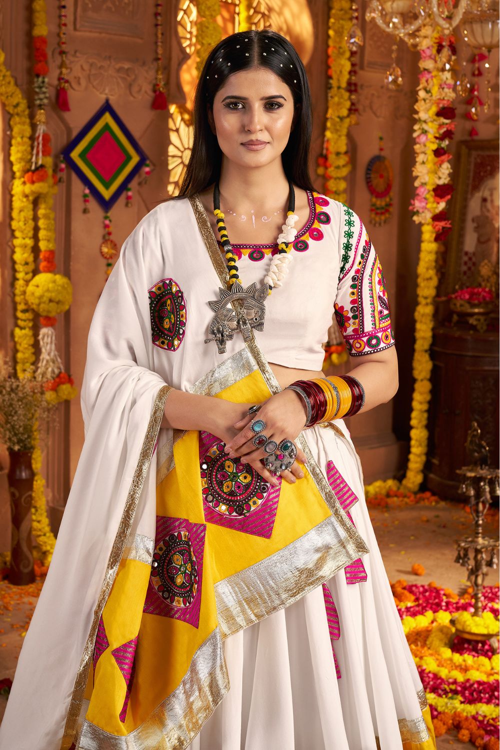 White Viscose Cotton Navratri Lehenga Choli With Thread Embriodered And Jacquard Patch Work