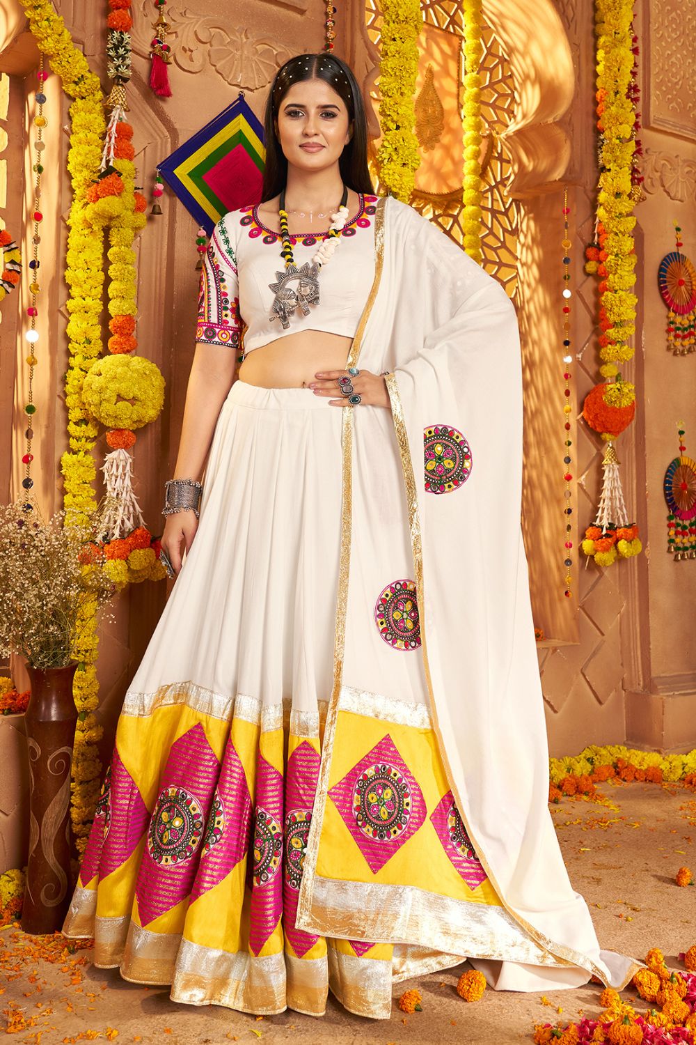 White Viscose Cotton Navratri Lehenga Choli With Thread Embriodered And Jacquard Patch Work