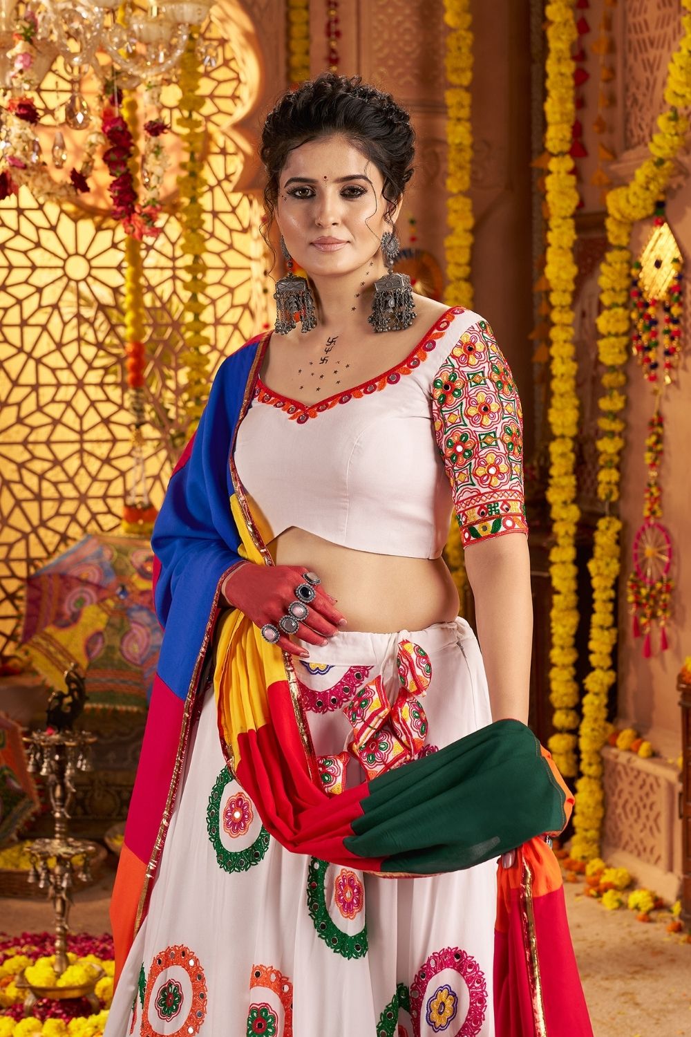 White Viscose Cotton Navratri Lehenga Choli With Thread Embroidered And All Over Mirror