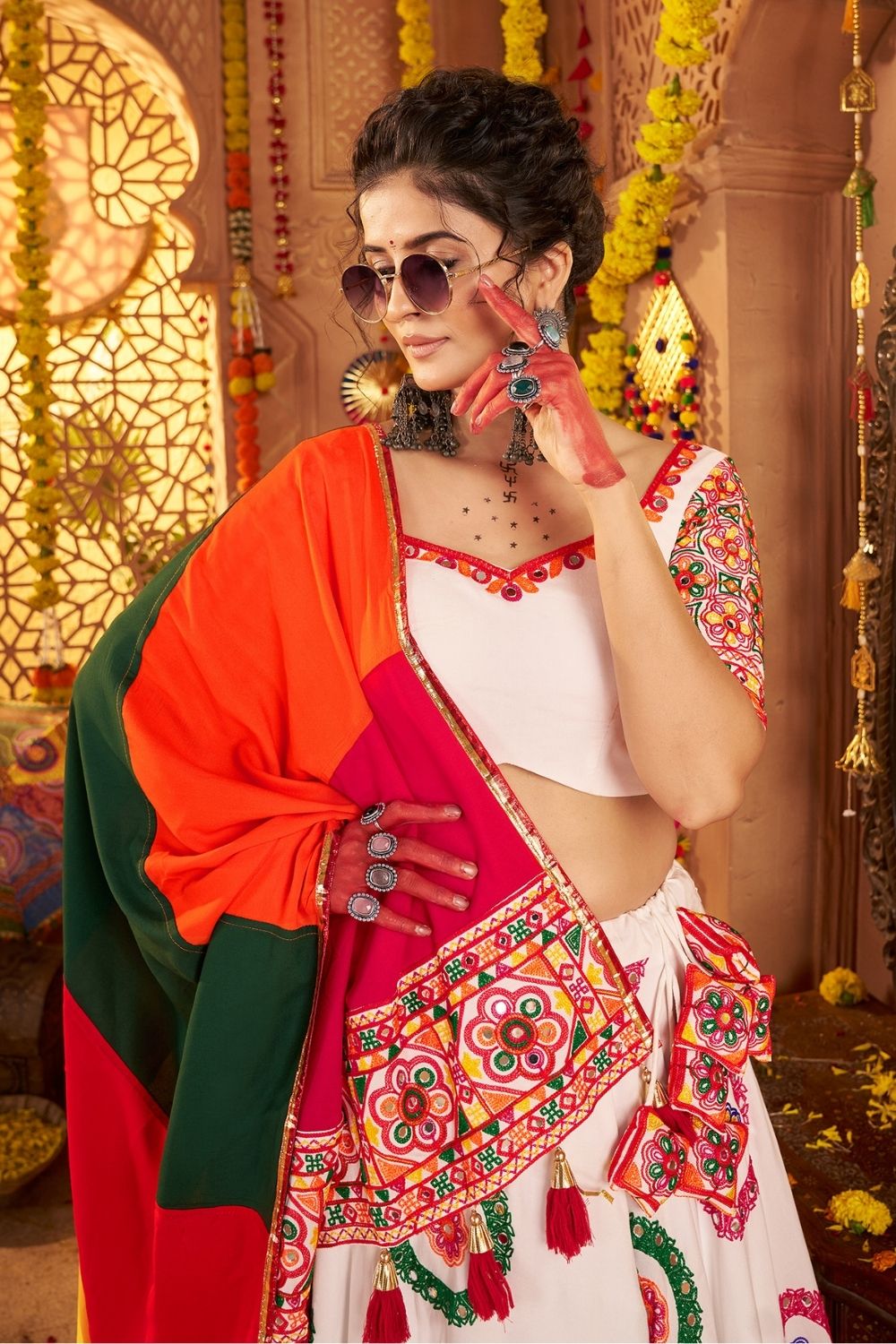 White Viscose Cotton Navratri Lehenga Choli With Thread Embroidered And All Over Mirror