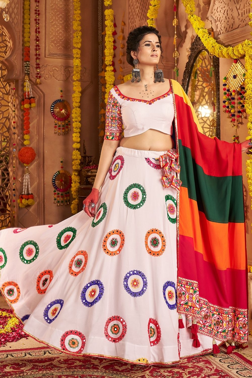 White Viscose Cotton Navratri Lehenga Choli With Thread Embroidered And All Over Mirror