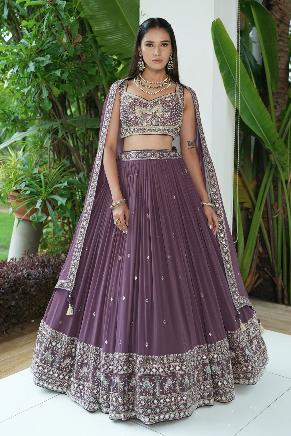 Wine Georgette Lehenga Set with Zardosi and Moti Work