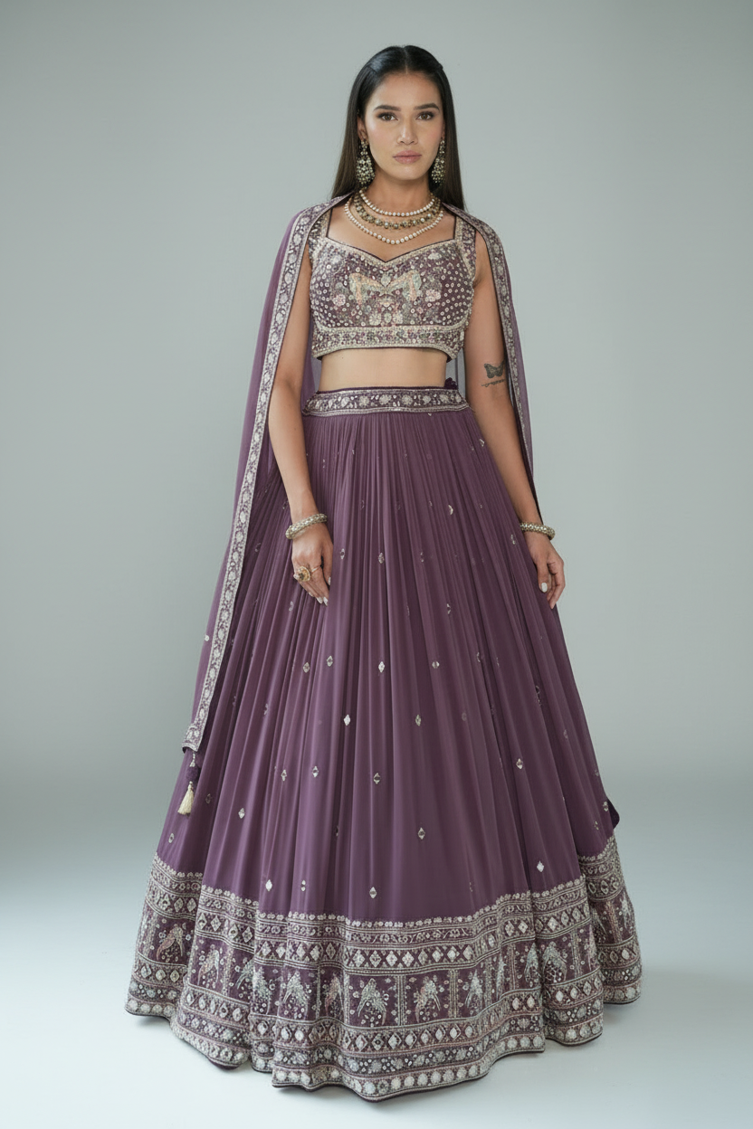 Wine Georgette Lehenga Set with Zardosi and Moti Work