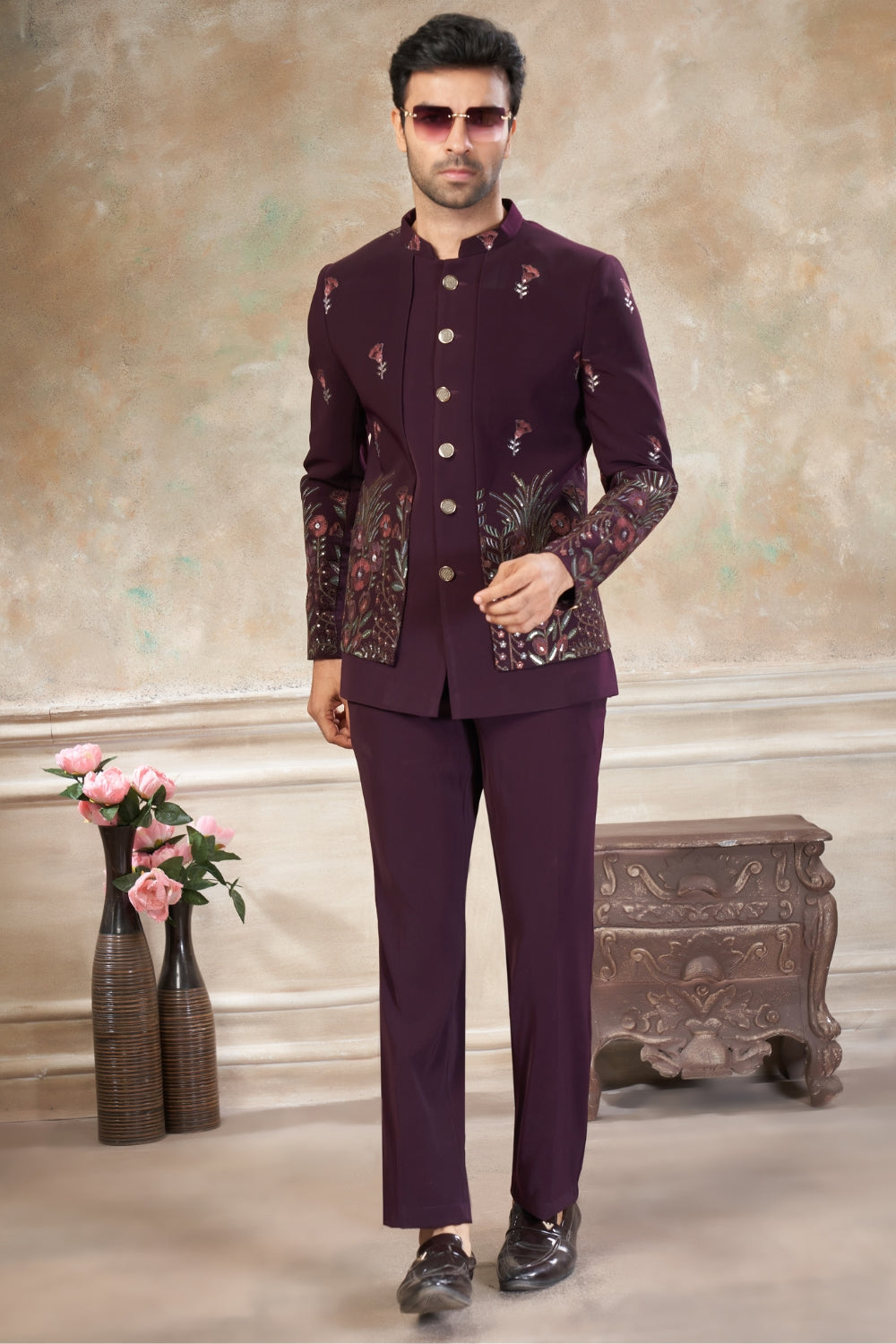 Wine Imported Jodhpuri Set with Embroidery and Sequins Work